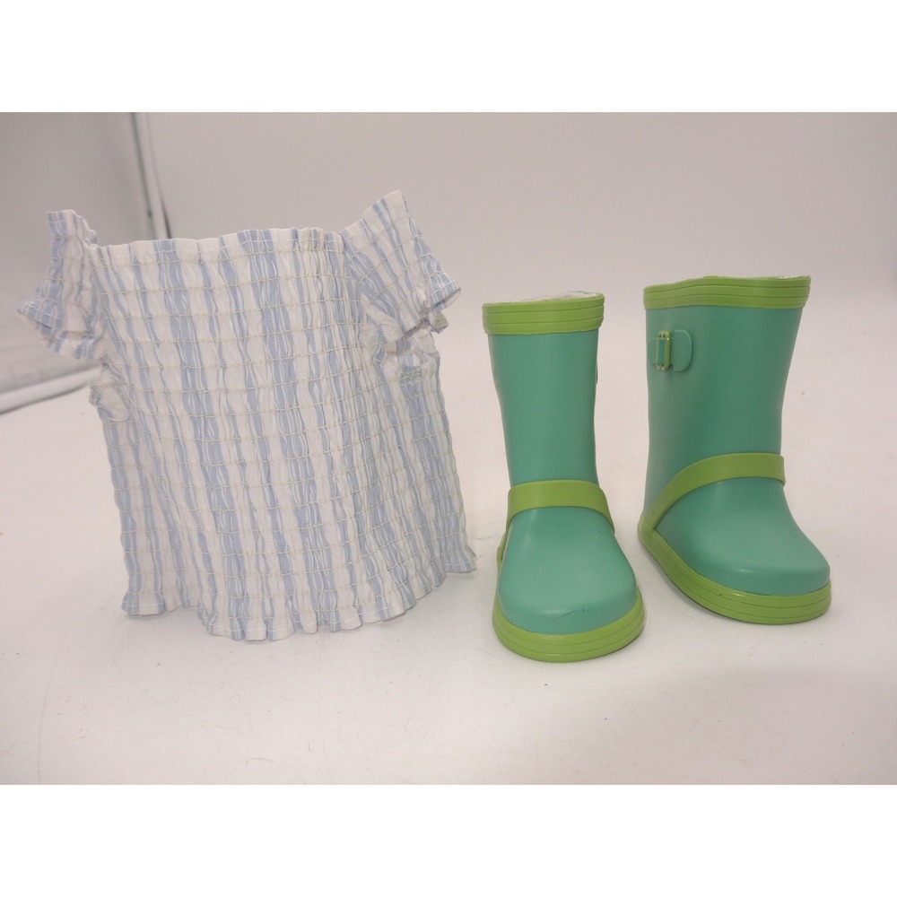 American Girl Blaire Wilson Gardening Outfit Top and Boots Blue White Green
